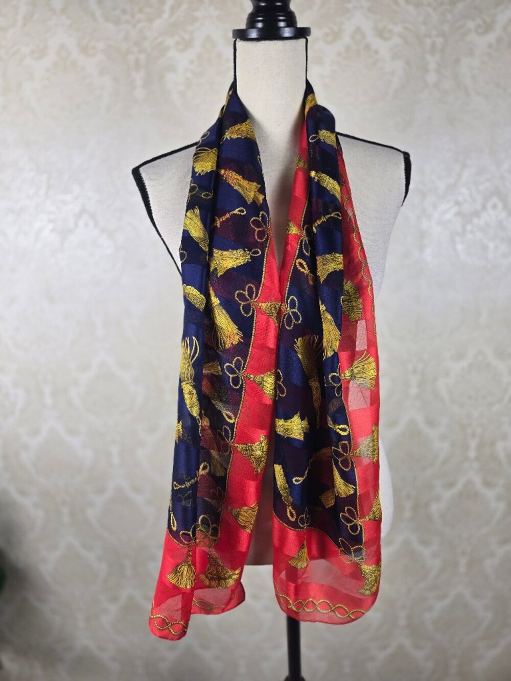 Lightweight Oblong Scarf Red Blue Gold Tassel Print Semi Sheer Gifts Classic